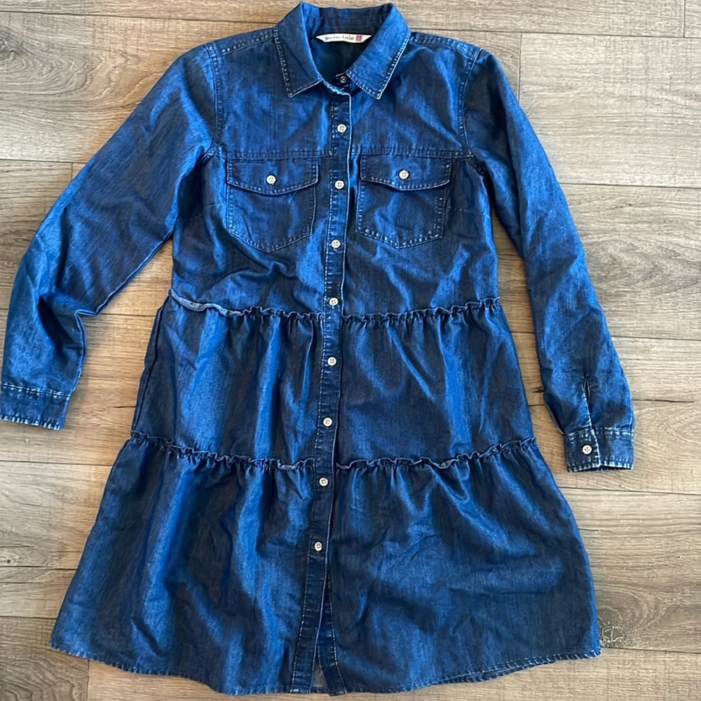 Western Denim Chambray Long Sleeve Button Up Ruffle Dress S NEW Dark Wash